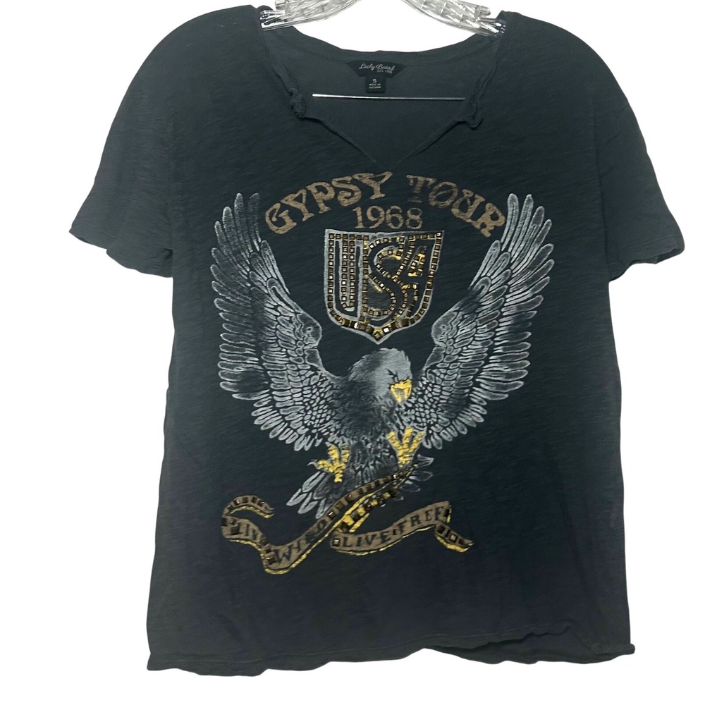 Lucky Brand Gypsy Tour 1968 Eagle Graphic Tee Studded Charcoal Gray Small boho